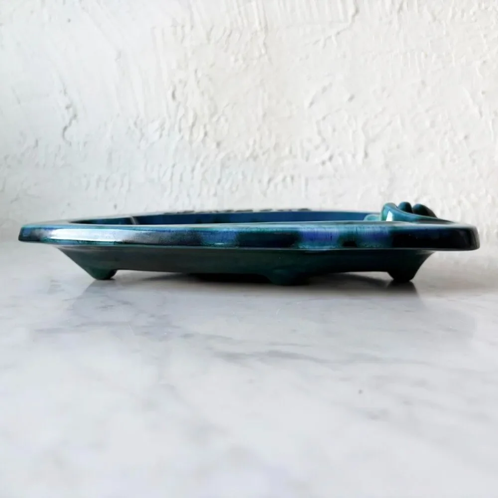 Vintage 1964 Handmade Pottery Ashtray MARLENE Blue Green Drip Glaze Signed